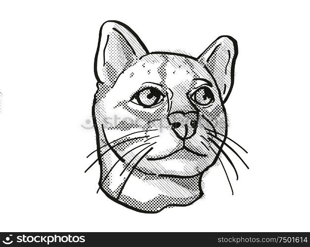 Retro cartoon style drawing of head of an Oncilla or northern tiger cat, an endangered wildlife species on isolated white background done in black and white.. Oncilla or northern tiger cat Endangered Wildlife Cartoon Retro