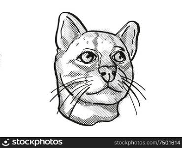 Retro cartoon style drawing of head of an Oncilla or northern tiger cat, an endangered wildlife species on isolated white background done in black and white.. Oncilla or northern tiger cat Endangered Wildlife Cartoon Retro