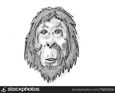 Retro cartoon style drawing of head of an Orangutan , an endangered wildlife species on isolated white background done in black and white.. Orangutan Endangered Wildlife Cartoon Retro Drawing