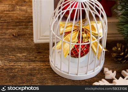 retro christmas decorations. retro christmas decorations with bird cage on wood