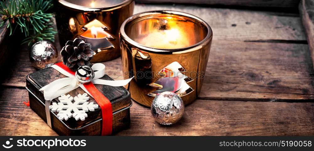 retro christmas decorations with christmas. holiday vintage Christmas retro gift box and candle