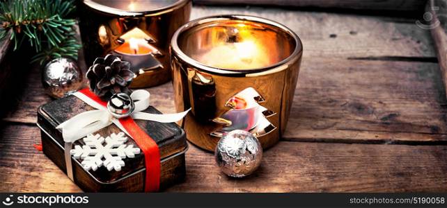 retro christmas decorations with christmas. holiday vintage Christmas retro gift box and candle