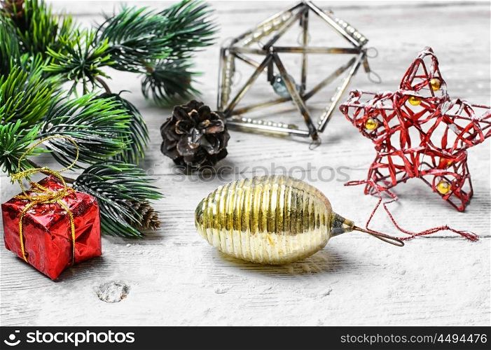 Retro Christmas toy. Fashionable retro Christmas decorations of the Soviet era on white background