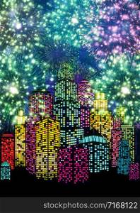 Retro city design with glowing neon windows and fireworks in the sky.