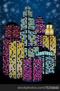 Retro city design with glowing neon windows under starry sky.