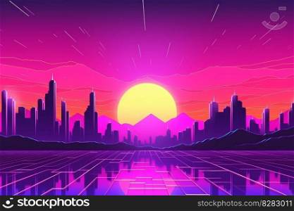 Retro city sunset. Space grid. Generate Ai. Retro city sunset. Generate Ai
