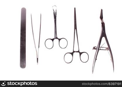 Retro collection surgical tool set. Forceps, clamps, scissors for surgery - isolated on white background. surgery instruments isolated on white