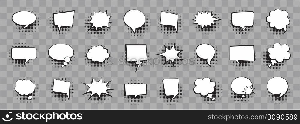 Retro comic bubbles set with halftone shadows on white background. Vector illustration, vintage design. Vector illustration. Retro comic bubbles set with halftone shadows on white background. Vector illustration, vintage design.