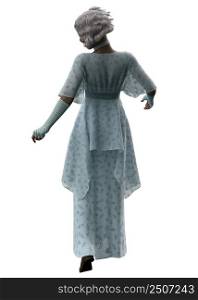 Retro fashioned mid age woman wears elegant 40s style blue dress, 3D Illustration.