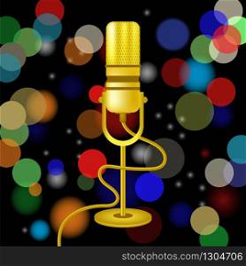 Retro Gold Microphone Icon Isolated on Blurred Colored Lights Background.. Retro Gold Microphone Icon Isolated on Blurred Colored Lights Background