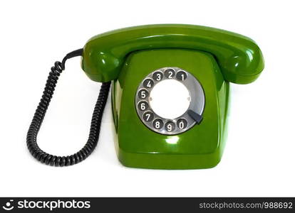 Retro green rotary telephone on a white background. Old green rotary telephone on a white background