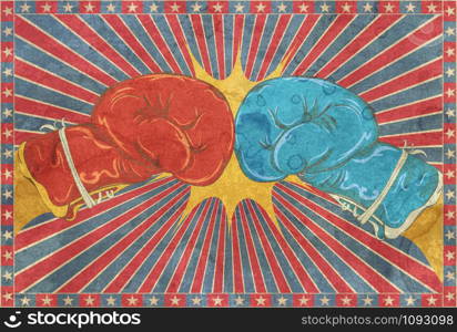 Retro grunge background with boxing glove over red and blue rays and star frame.