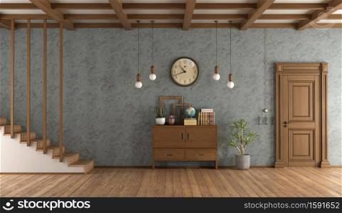 Retro home entrace with staircase,sideboard and closed door - 3d rendering. Retro home entrace with closed door