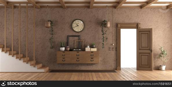 Retro home entrace with staircase,sideboard and open door - 3d rendering. Retro home entrace with open door