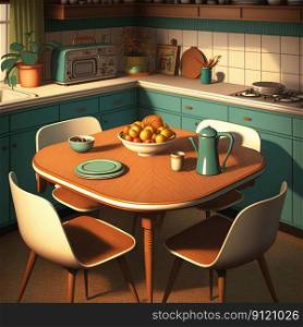 Retro kitchen interior design in modern mid century style. Generative AI. Kitchen interior design in modern mid century style. Generative AI