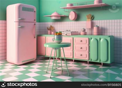 Retro Kitchen Interior with refrigerator , counters and dining table , cozy home with vintage decoration , Generate AI