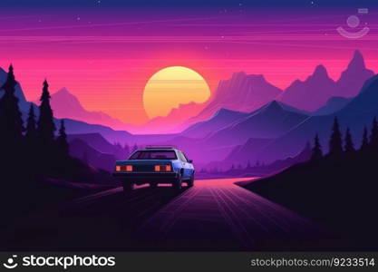 Retro landscape car pink. Neon wave game. Generate AI. Retro landscape car pink. Generate AI