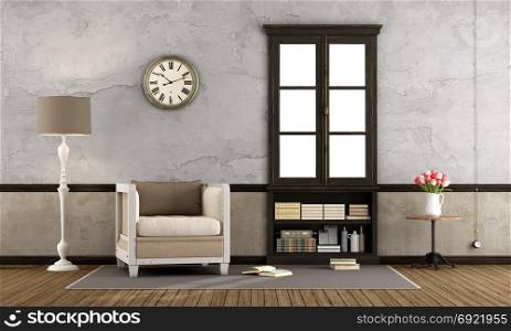 Retro living room. Retro living room with armchair and old wooden window - 3d rendering