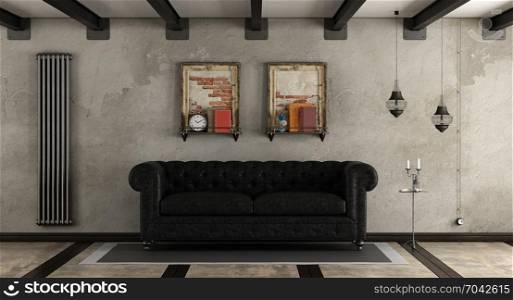 Retro living room. Retro living room with black leather sofa - 3d rendering