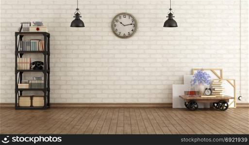 Retro living room. Retro living room with iron bookcase and coffee table on wheels - 3d rendering