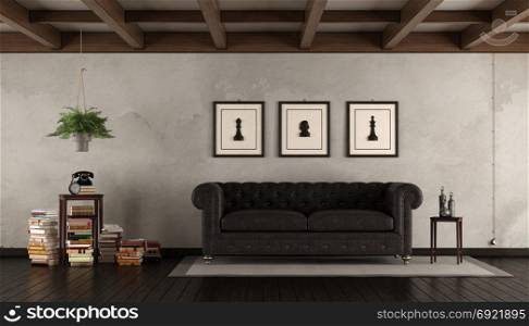 Retro living room. Retro living room with leather sofa ,books coffee table and plant-3d rendering