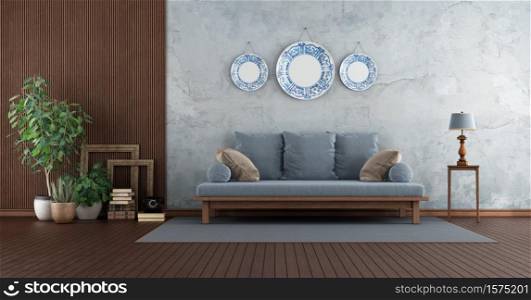Retro living room with blue sofa against old wall and wooden paneling -3d rendering. Retro living room with sofa against old wall