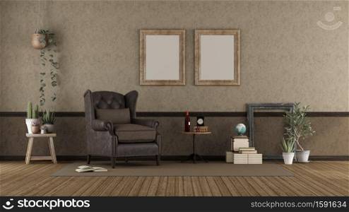 Retro living room with leather armchair, coffee table and plants - 3d rendering. Retro living room with leather armchair