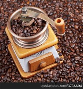 retro manual coffee grinder on many roasted coffee beans