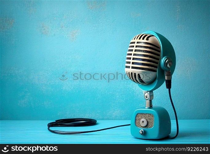 Retro Microphone And Headphones On Table Against blue illustration. AI generative.