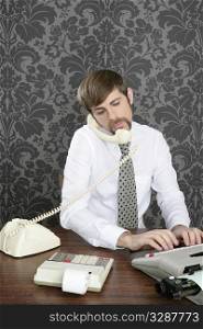 retro mustache multitask businessman office desk on vintage wallpaper