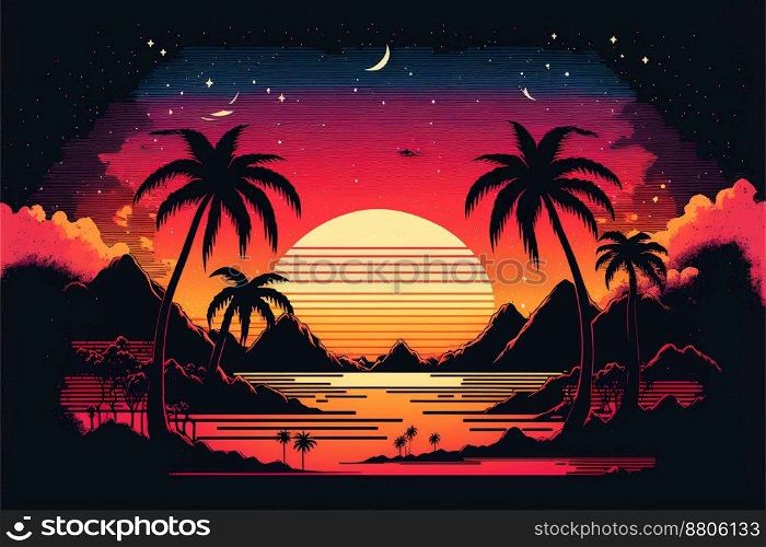 Retro palms vector sci fi background with ocean