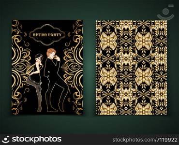 Retro party card template, man and woman dressed in 1920s style dancing, flapper girl, handsome guy, decorative pattern, vector illustration