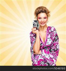 Retro photo of a happy fashionable hippie homemaker with an old vintage photo camera smiling on colorful abstract cartoon style background.