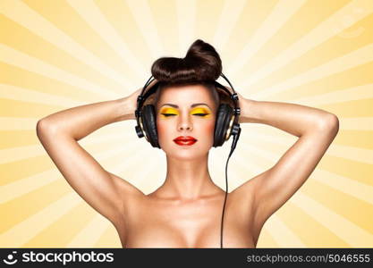 Retro photo of a nude pin-up girl with big vintage music headphones on colorful abstract cartoon style background.