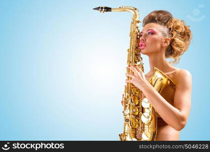 Retro photo of a sleepy nude pin-up woman with closed vintage winged eyes, hugging a saxophone like a tender lover on blue background.