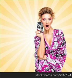 Retro photo of an amazed fashionable hippie homemaker with an old vintage photo camera showing emotions on colorful abstract cartoon style background.