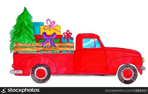Retro pickup truck with christmas gifts, hand painted watercolor