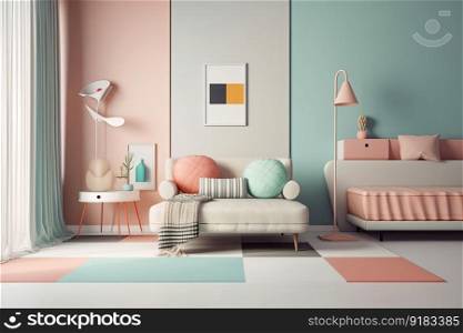 retro room with minimalist decor, featuring clean lines and pastel colors, created with generative ai. retro room with minimalist decor, featuring clean lines and pastel colors