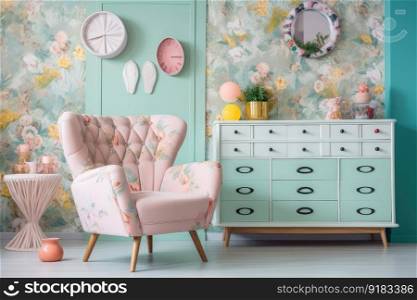 retro room with pastel and floral accents, perfect for a cozy vintage style, created with generative ai. retro room with pastel and floral accents, perfect for a cozy vintage style