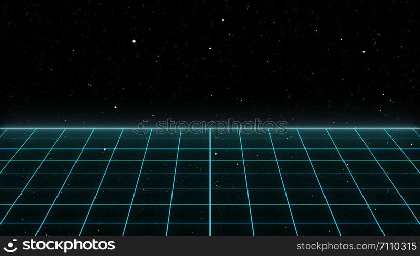 Retro Sci-Fi Background Futuristic Grid landscape of the 80`s. Digital Cyber Surface. Suitable for design in the style of the 1980`s