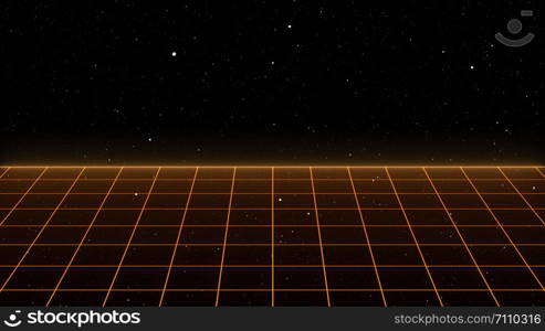 Retro Sci-Fi Background Futuristic Grid landscape of the 80`s. Digital Cyber Surface. Suitable for design in the style of the 1980`s