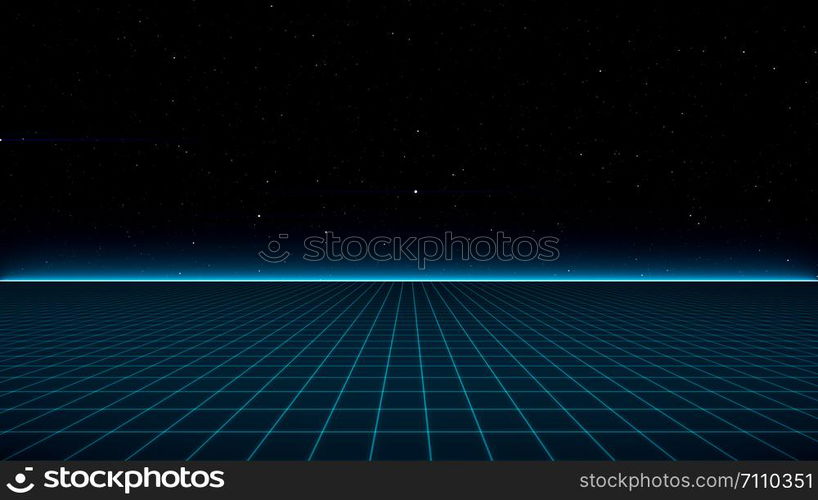 Retro Sci-Fi Background Futuristic Grid landscape of the 80`s. Digital Cyber Surface. Suitable for design in the style of the 1980`s