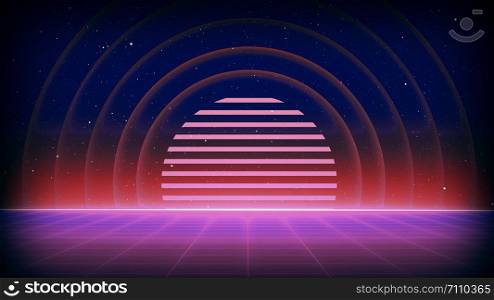 Retro Sci-Fi Background Futuristic Grid landscape of the 80`s. Digital Cyber Surface. Suitable for design in the style of the 1980`s