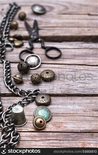 Retro scissors,beads for handicraft and iron chain