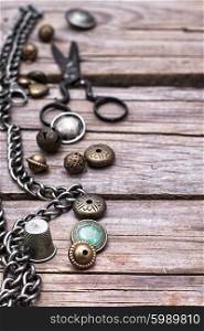 Retro scissors,beads for handicraft and iron chain