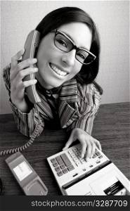 Retro secretary wide angle humor portrait talking telephone woman