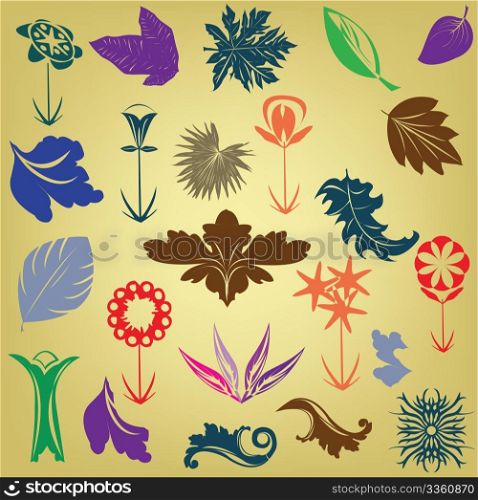 Retro set, flowers, leaves and ornaments for web design