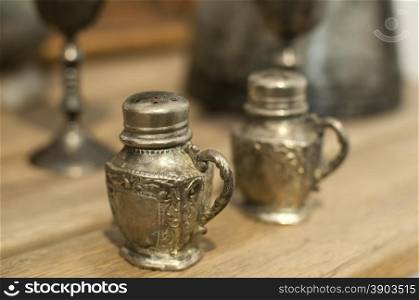 Retro silver salt and pepper shaker closeup