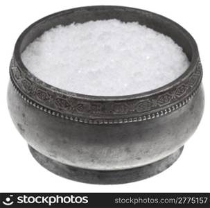 retro silver saltcellar with salt isolated on white