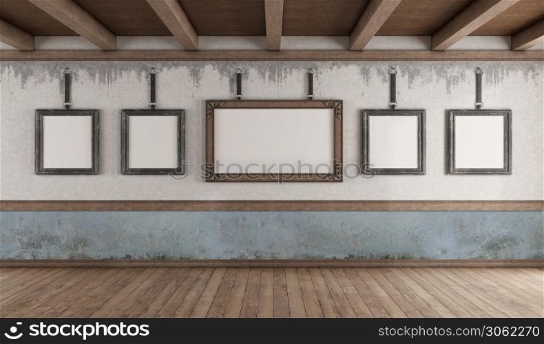 Retro style art gallery with picture frame on old wall and wooden ceiling - 3d rendering. Retro style art gallery with blank picture frame